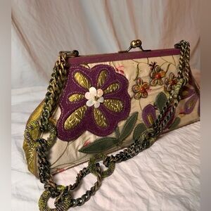 Mary Frances Floral Embroidered Beaded Chain Purse Shoulder Bag Boho Vintage
